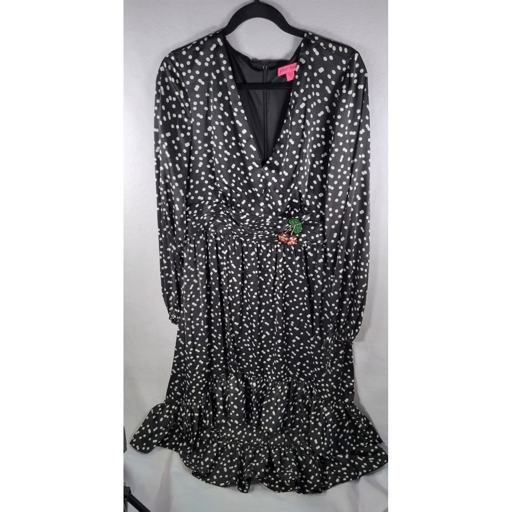 Betsey Johnson Black White Polka Dot Ruffle Cherry Dress Size 14 4P002